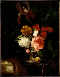 A Rose, and Iris, Lilac and other Flowers in an Auricular Silver Vase with a Snail and a Butterfly on a draped Ledge
