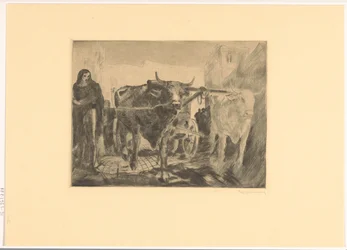 Two Oxen in Front of a Cart
