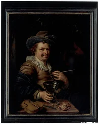 A Man Holding a Clap Pipe and a Roemer Seated at a Table on Which Rests a Violin and Crabs