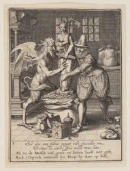 A Man and the Devil Filling a Sack with Money and Setting Up a Statue of Hope, from Allegory of the Misuse of Worldly Property
