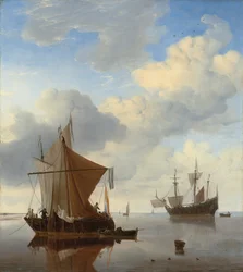 A Calm - A Smalschip and a Kaag at Anchor with an English Man-o
