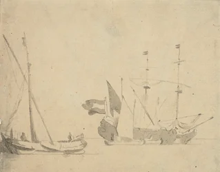 A boeier at a pier and a Dutch ship at anchor, c.1665
