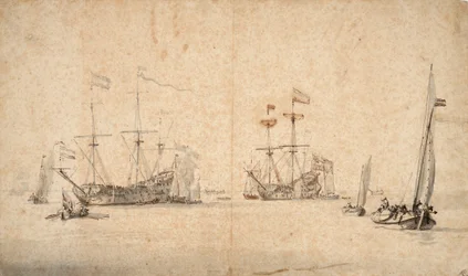 A Kaag Running Free and Two Dutch Flagships at Anchor, c.1665