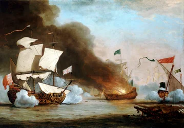 An English Ship in Action with Barbary Corsairs, c.1680