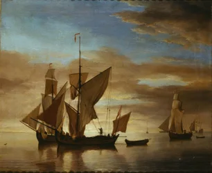 Ships on Calm Sea in Evening Light