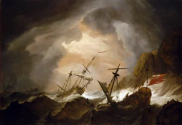 Two British Ships Wrecked in the Storm Near a Rocky Coast