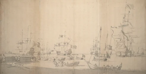 A Weyschuit Being Hauled Ashore in a Crowded Harbour, c.1672