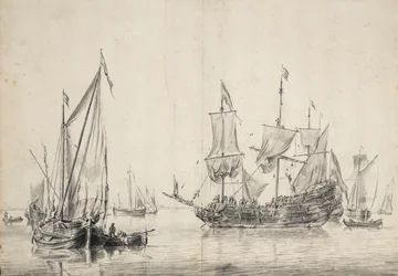 Sailboats and a Dutch frigate drying its sails. Drawing and wash by William van de Velde l