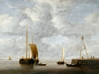 A Dutch Hoeker at Anchor near a Pier c.1665