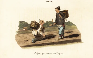 Chinese children collecting horse manure