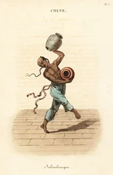 Chinese juggler dancing and juggling with two large vases