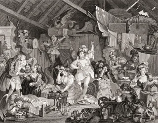 Strolling Players rehearsing in a Barn, engraved by G Presbury, from The Works of Hogarth published London 1833