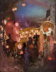 Women and Children with Lanterns at a Japanese Festival
