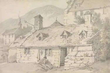 Stone Cottages in a Mountainous Landscape with a Figure in the Foreground