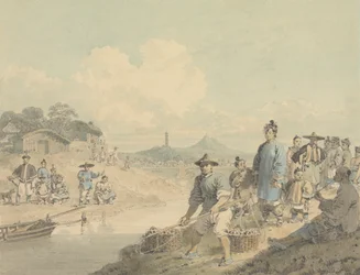 View in China: Figures with Pagoda and Mountain