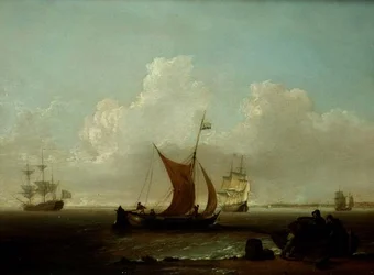 Dutch shipping off the coast of Holland with fishermen loading a boat of shore