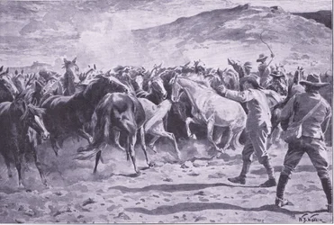 The capture of the horses in the Brandwater district near Fouriesburg: rounding up the drove (illustration from After Pretoria: The Guerilla War, 1902)