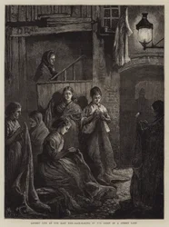 London Life at the East End, Sack-Making by the Light of a Street Lamp
