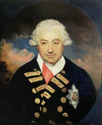 Portrait of Rear Admiral Sir John Jervis, first Earl of Saint Vincent, wearing the Order of the Bath ribbon, commanding the British fleet of Mediterranean in 1795 and 1797, alongside Horatio Nelson, he sets off the Spanish fleet