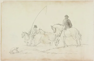 Two Men on Horseback with Two Horses and Dog