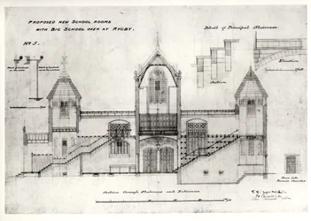 Details of Entrances, Stairs, Furnace Chamber Doorway and Handrails, (New Big School), Rugby School