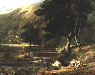 Borrowdale, Cumberland, with Children Playing By A Stream