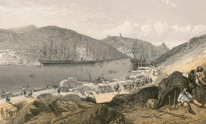 Balaklava showing the state of the quays and the shipping, in May 1855