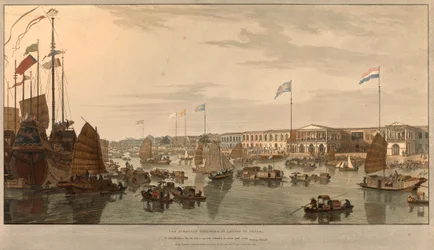 European Trading Posts (East India Companies) in Canton, China. Drawn and Engraved by William Daniell (1769-1837) 1805