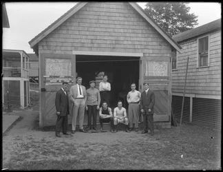 Group portrait of English boxer William Thomas Wells (Bombardier Billy Wells), Jim Maloney, and 