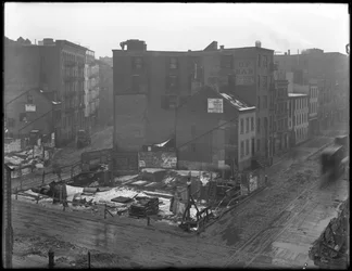High-angle view of the intersections of Downing Street, West Houston Street, and Varick Street, New York City