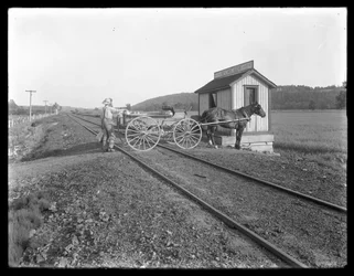 Unidentified man loading milk on to horse-drawn cart parked over railroad tracks outside the McCready farm, Pennsylvania, c.1913