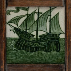 Tile panel of ships in full sail, in frame, c.1865-80