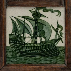 Tile panel of ships in full sail, in frame, c.1865-80
