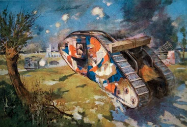 Camouflaged British Mk IV Tank in Action Against a German Tank in WW1, Illustration Published in 