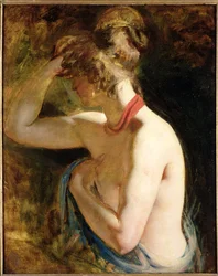 Half length nude, right arm raised to head