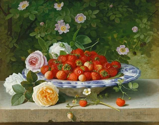 Strawberries in a Blue and White Buckelteller with Roses and Sweet Briar on a Ledge