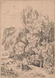 Landscape with Trees, Girls Crossing Footbridge