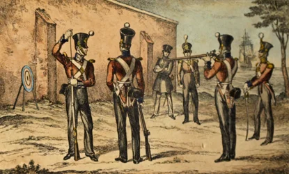 Present costume of the Marines at round target practice, c.1835