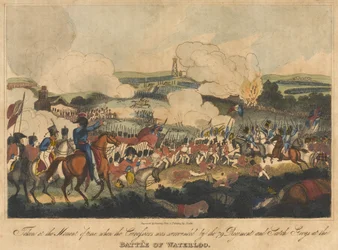 Taken at the Moment of time when the Cuirassiers was surrounded by the 79 Regiment and Scotch Greys at the Battle of Waterloo, 18 June 1815, engraved by Romney and published by Richard Evans, 1816