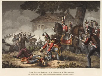 The Horse Guards at the Battle of Waterloo, One of the Officers Having Killed a French Colonel Cuts Off His Epaulette in Triumph, Engraved by M. Dubourg, 1819