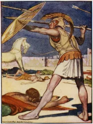 The point of the spear flew over the left shoulder of Patroclus