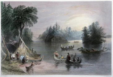 Indian Tipis and Canoes, Banks of the St Laurent - in Canadian scenery illustrated by W.H. Bartlett, London