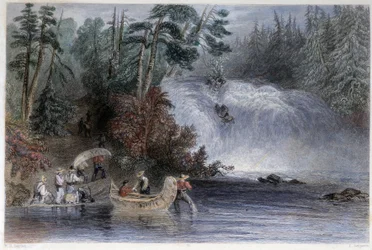 Men wearing canoes at the passage of a torrent by settlers - in 