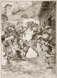 Lieutenant Harley, at the Head of Forty Sikhs and Sixty Kashmiris, Rushed the House over the Mouth of the Mine, illustration from 