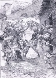 Lieutenant Harley leading the sortie from Fort Chitral, illustration from Cassell