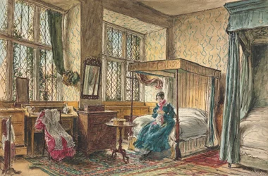 Miss Moore sewing in her bedroom, Hardwick Hall, Derbyshire