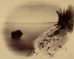 [Unidentified Western Landscape with Lake and Large Rock Off Shore]