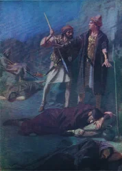 David sparing Saul, from The Bible Picture Book published by Thomas Nelson, c.1950