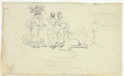 Figures with Market Goods and Three Sketches