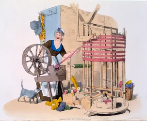 Woman Spinning Wool onto a Rotating Machine for Making Skeins